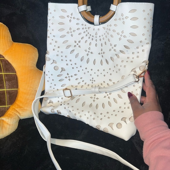 White Crossbody Bag with Intricate Cutout Design - Picture 2 of 5